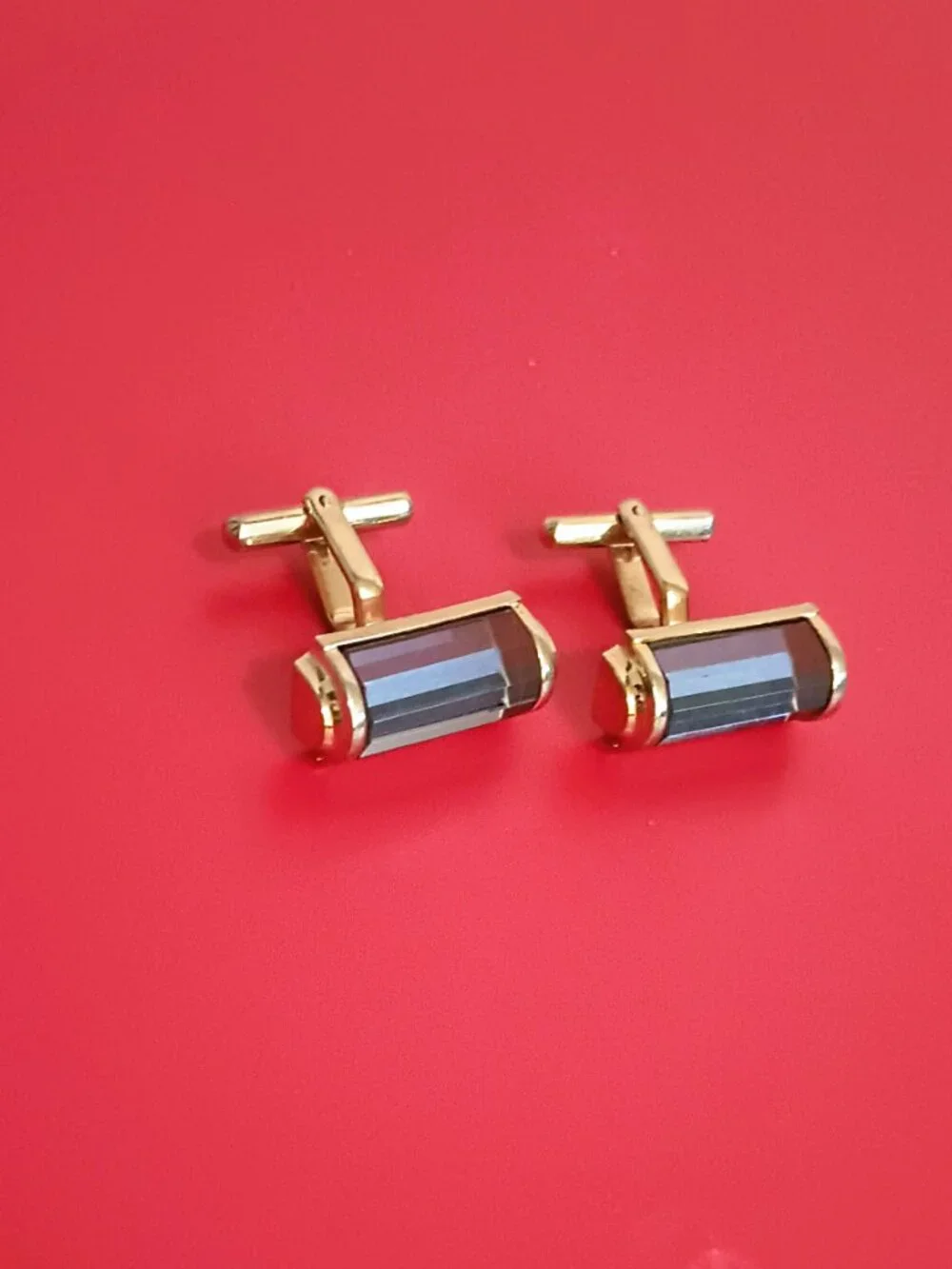 Gold Tone Rectangle Cufflinks with Blue Beveled Color Change Glass